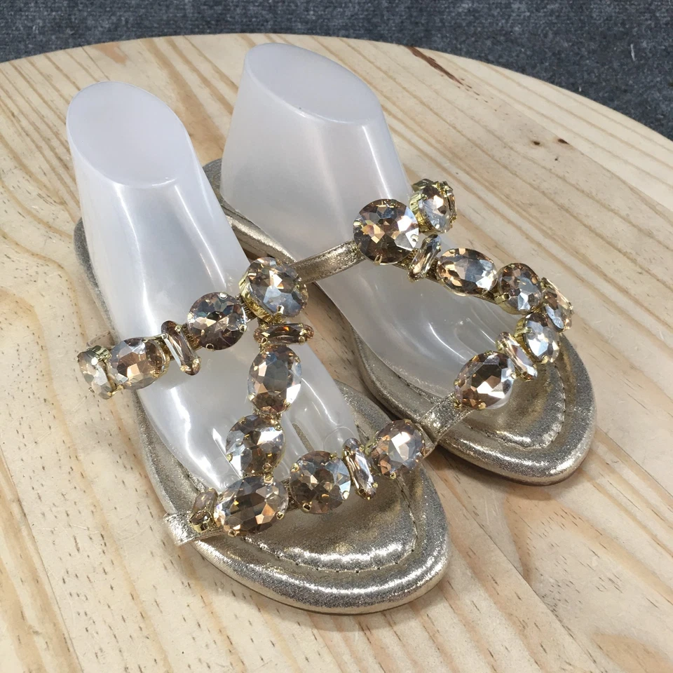 NEW Jessica Simpson Sandals Womens 6.5 M Avimma Studded Slip On Flats Slide Gold - Image 3 of 4