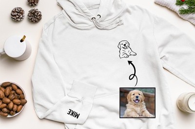 Personalisierter Hoodie mit Haustierumriss �� individueller Text Ärmel bestickt Hund Katze Skizze