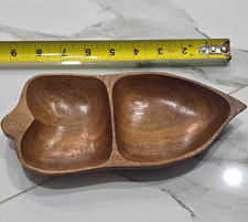Hand Carved Leaf-Shaped Divided Wooden Serving Bowl 10 in Brown Wood Grain
