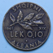 ALBANIA VITTORIO EMANUELE III 0,10 LEK 1941 XIX RARO bel BB BRONZO NUMISMATICA