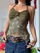 Sweetown Retro Forest Green Vintage Print Boho Y2K Camisole Backless Halter Tie