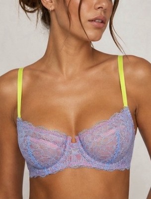 Dora Larsen Lace Underwire Bra. Neon Straps - Pink & light blue 32D