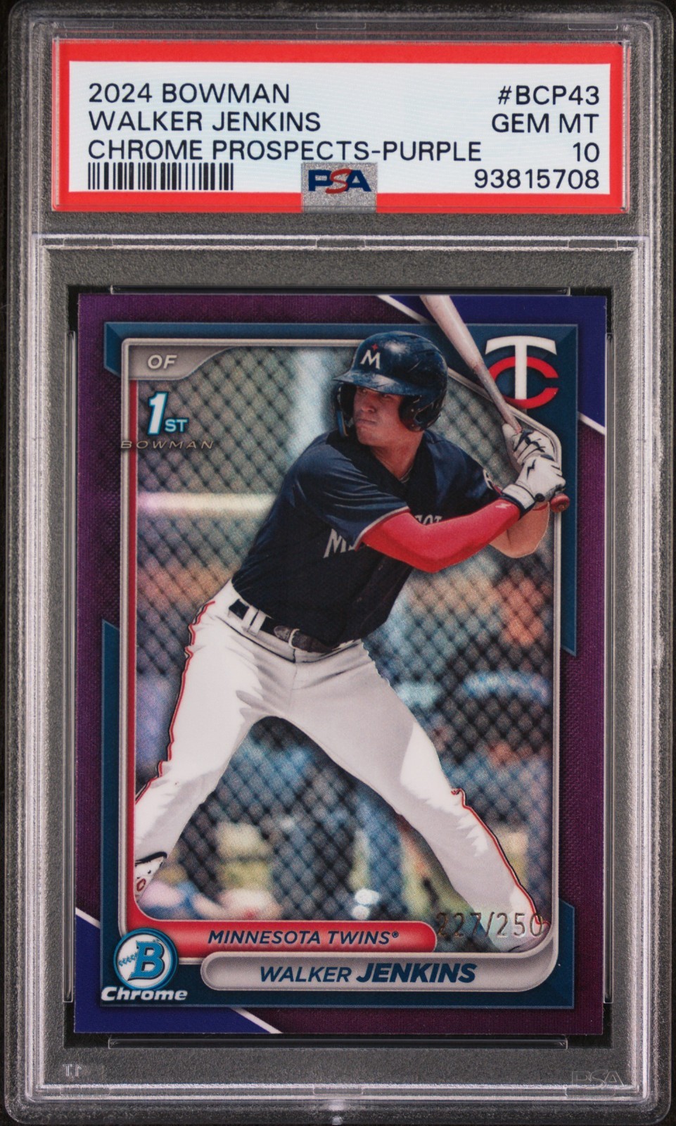 2024 Bowman Chrome Prospects #BCP43 Walker Jenkins Purple Refractor #/250 PSA 10