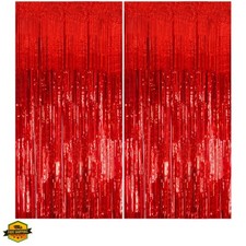 2 Pack Foil Curtain Backdrop Red Metallic Tinsel Foil Fringe Curtains Photo B...