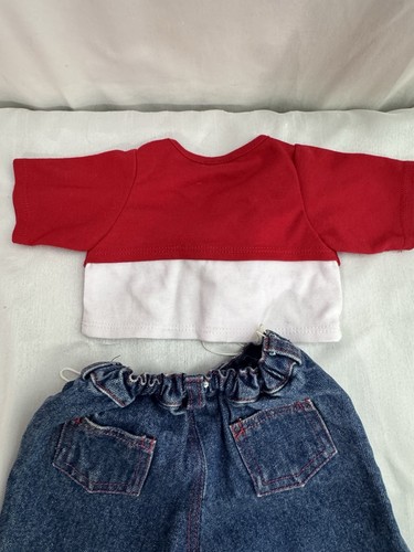 Build A Bear Denim Jeans bestickt rot Blumen rot weiß Pailletten Herz Top - Bild 6 von 7