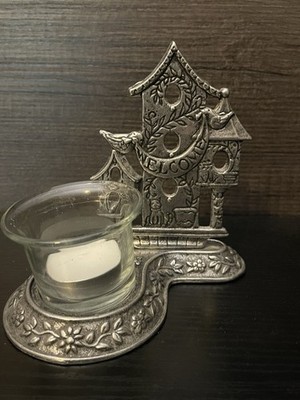 VTG Carson States Metal Welcome Birdhouse Pewter Candle Holder Glass Insert USA