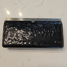 Vintage Hand-Tooled Leather Purse with Wooden Handle, Indian Krishna & Radha Motif