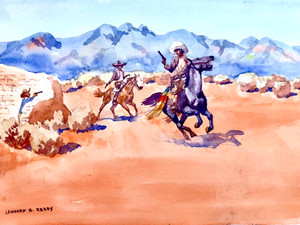 LEONARD REEDY (1899-1956) “ATTACKED BY MEXICAN BANDITS”, FRAMED WATERCOLOR, MINT
