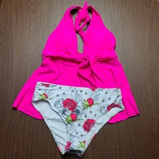 NWT Beachsissi Women's Tankini Set Pink Top White Rose Bottoms L