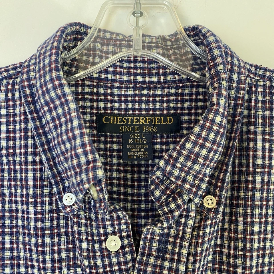 Chesterfield 泡泡纱衬衫男式 L 16 短袖蓝色格子纽扣 — 第 2/4 张图片
