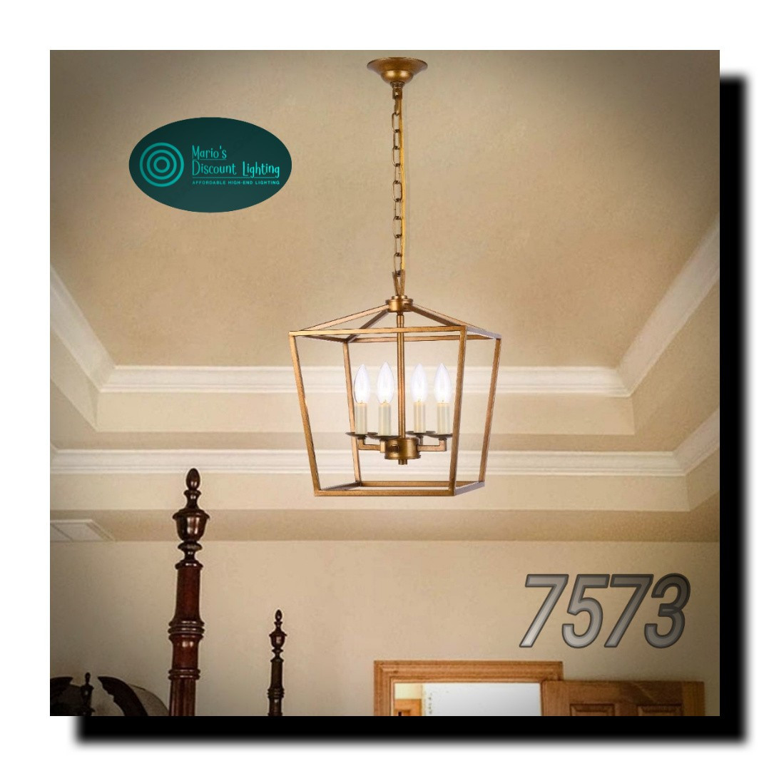 A1A9 Brushed Gold Lantern Chandelier Fixture, 4-Light Farmhouse Pendant