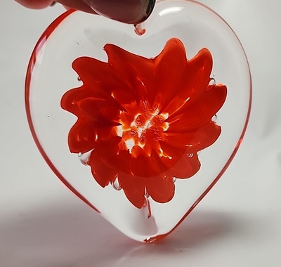 The Glass Forge Studio Art Glass Heart Paperweight Signed Orange Flower 4''