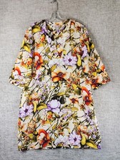 Chicos Bold Floral Linen Shift Dress Tunic Womens 2 US 12/14 V-Neck 3/4 Sleeve