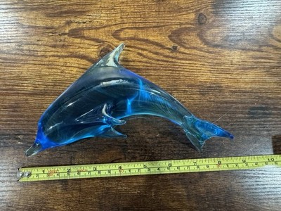 Dolphin Art Blown Glass Figurine Blue 8  Long Ocean Aquatic Theme Hand Made