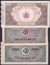 Romania 1000000 & 100000 Lei 1947 P59 P60 10000 Lei 1946 P52 Fine+