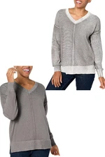 Attitudes by Renee Women's V-Neck Reversible Wash Sweater Platinum