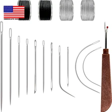 Heavy Duty Sewing Needles (11 PCS) & Waxed Thread (2 Black and 2 Grey Colors) -