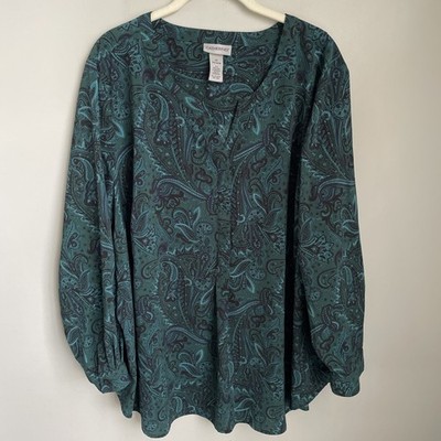 Catherines Green Paisley Long Sleeve Popover Blouse Size 2X