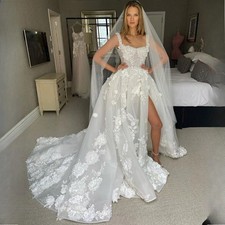 Exquisite Wedding Dresses Appliques Beads High Spit Bridal Gowns Sweep Train