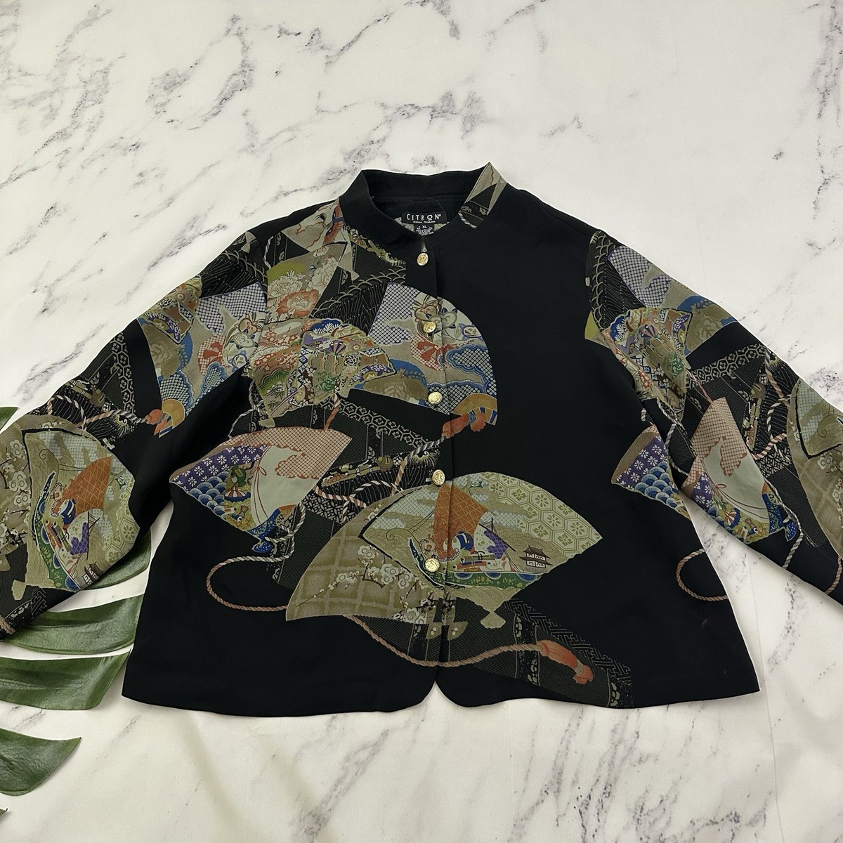Citron Santa Monica Silk Blouse Top Size XL Black Green Asian Fan Boxy Lagenlook