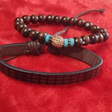 Brown Beaded Wood Leather Adjustable Handmade Wrap Bracelets Set