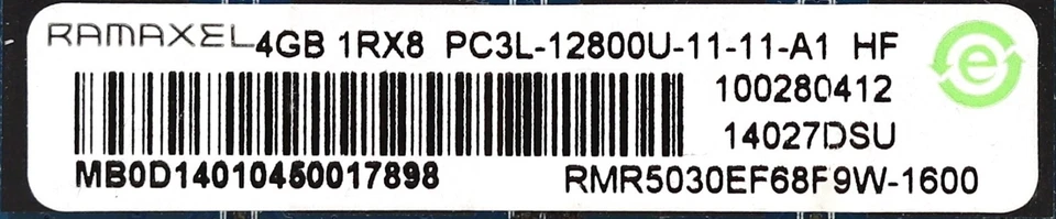Ramaxel 4GB 1Rx8 PC3L-12800U-11-11-A1 Non-ECC Unbuffered RAM RMR5030EF68F9W-1600 - Image 2 of 2