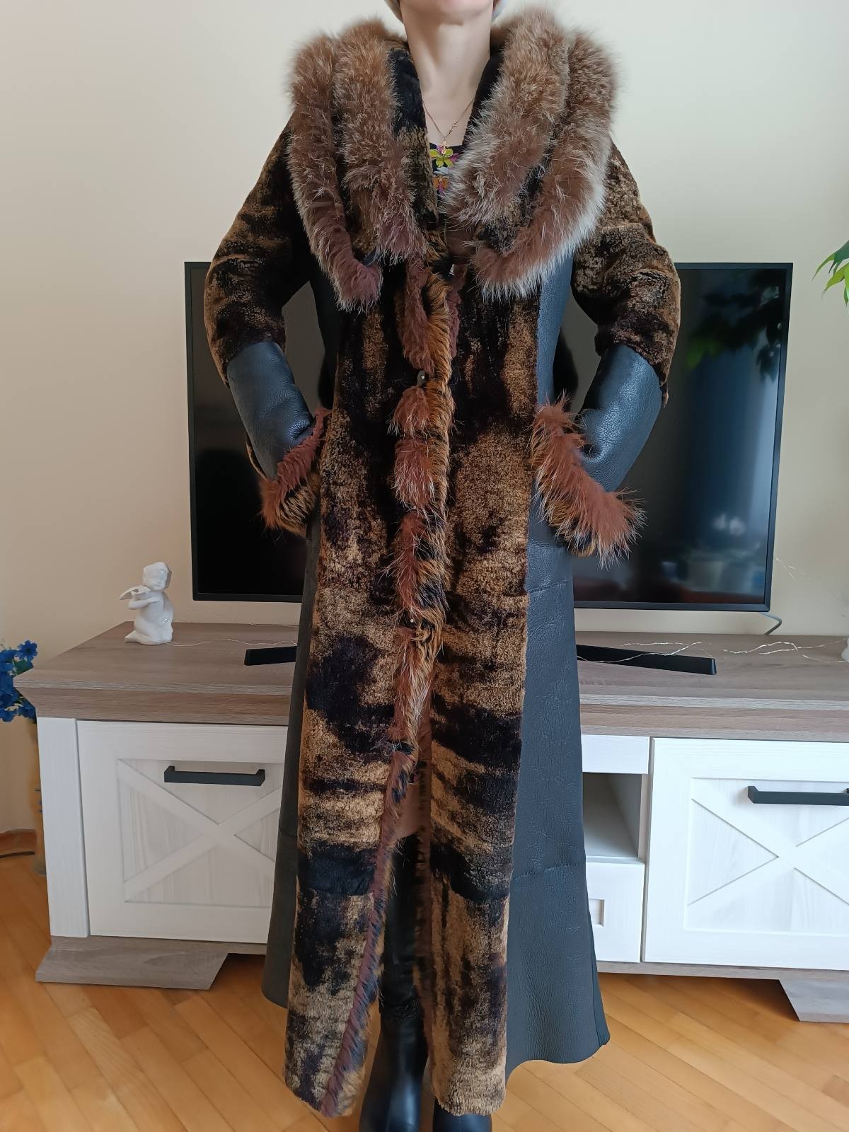 Women's long marbled brown and black genuine shearling coat with fur collar and cuffs