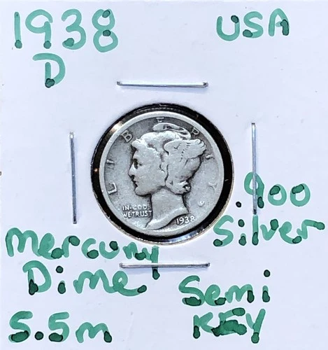 1938 D Mercury Dime Fine - .900 Silver US Coin - Semi Key Date Low Mintage 5.5M