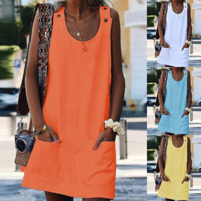 orange vest dress Orange Dresses for Women Solid Color Sleeveless Softy Dress Plus Size V-Neck Loose Fit Trendy Vacation Casual Dress Maxi Fashion Daily Gown Vest Sling Linin And Cotton Ruched Dress with Pocket,3XL -