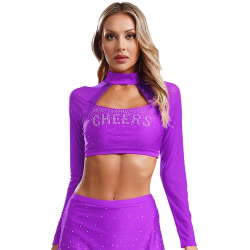 Women Cheer Uniform Tops Night Club Crop Top Rhinestone Cheerleader Costume - Picture 55 of 87