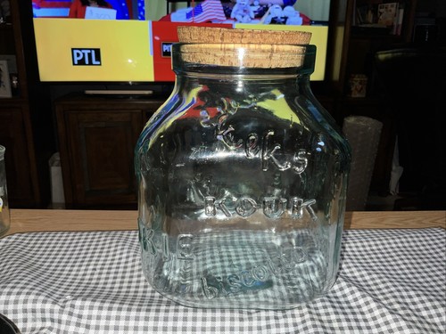 Green Glass Vintage Cookie Biscoutti Kouk Biscuit Jar Cork Top Very Heavy New - Picture 2 of 22