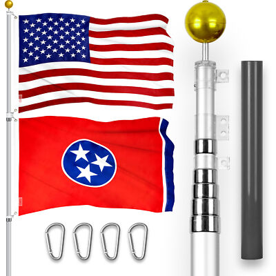 25 Ft Telescoping Flagpole Silver & American and Tennessee Flags Emb 300D 3x5Ft