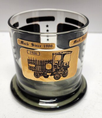 VTG MACK TRUCK WHISKEY GLASS WIDE BOTTOM SMOKE w Gold Accents BAR GLASS 8 oz.