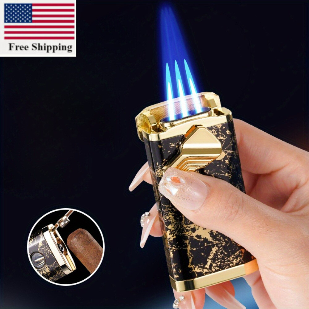 1PC Retro Triple Flame Cigar Lighter Marble Windproof Torch Lighter with Punch