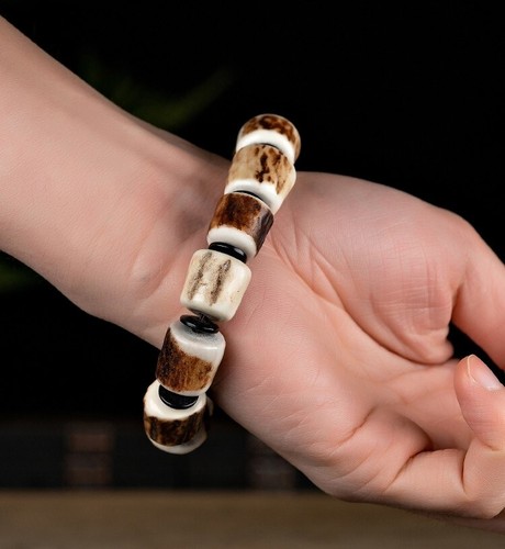 Natural Elk Antler Stag Roll Bead Bracelet Amulet Gift - Photo 2/3