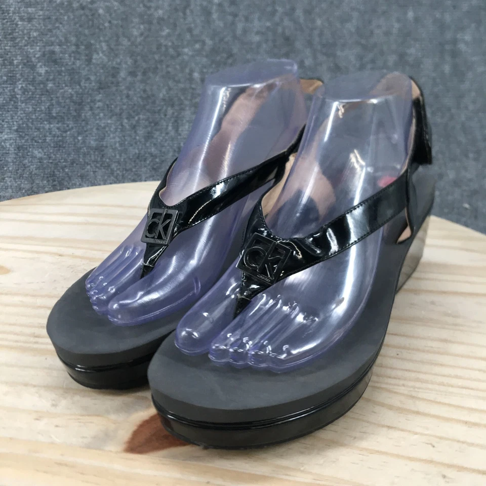 Sandalias Calvin Klein para mujer 9 M Wyomi plataforma honda cuero negro cuña Foto 3 de 4