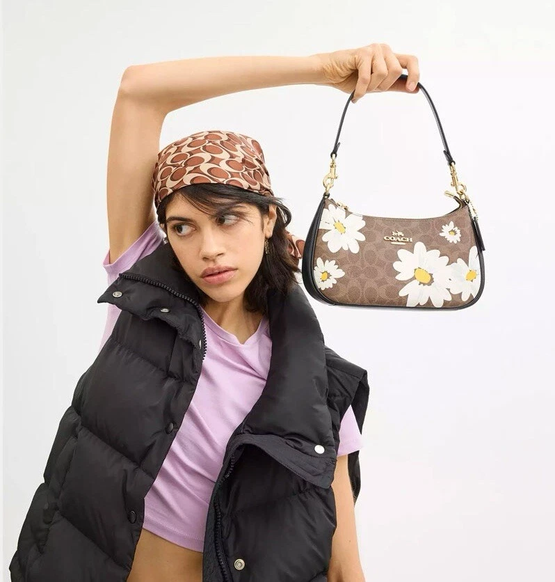 Borsa a tracolla Coach CZ586 Teri firmata rivestita in tela e pelle stampa floreale