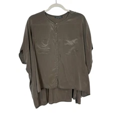 Michael Stars Raw Silk Blouse Womens Large Green Silk Boxy Button Down Shirt Top