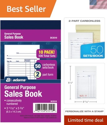 Carbonless Sales Book 2-Part 50 Sets White/Canary 3-11/32 x 5-5/8 Inches