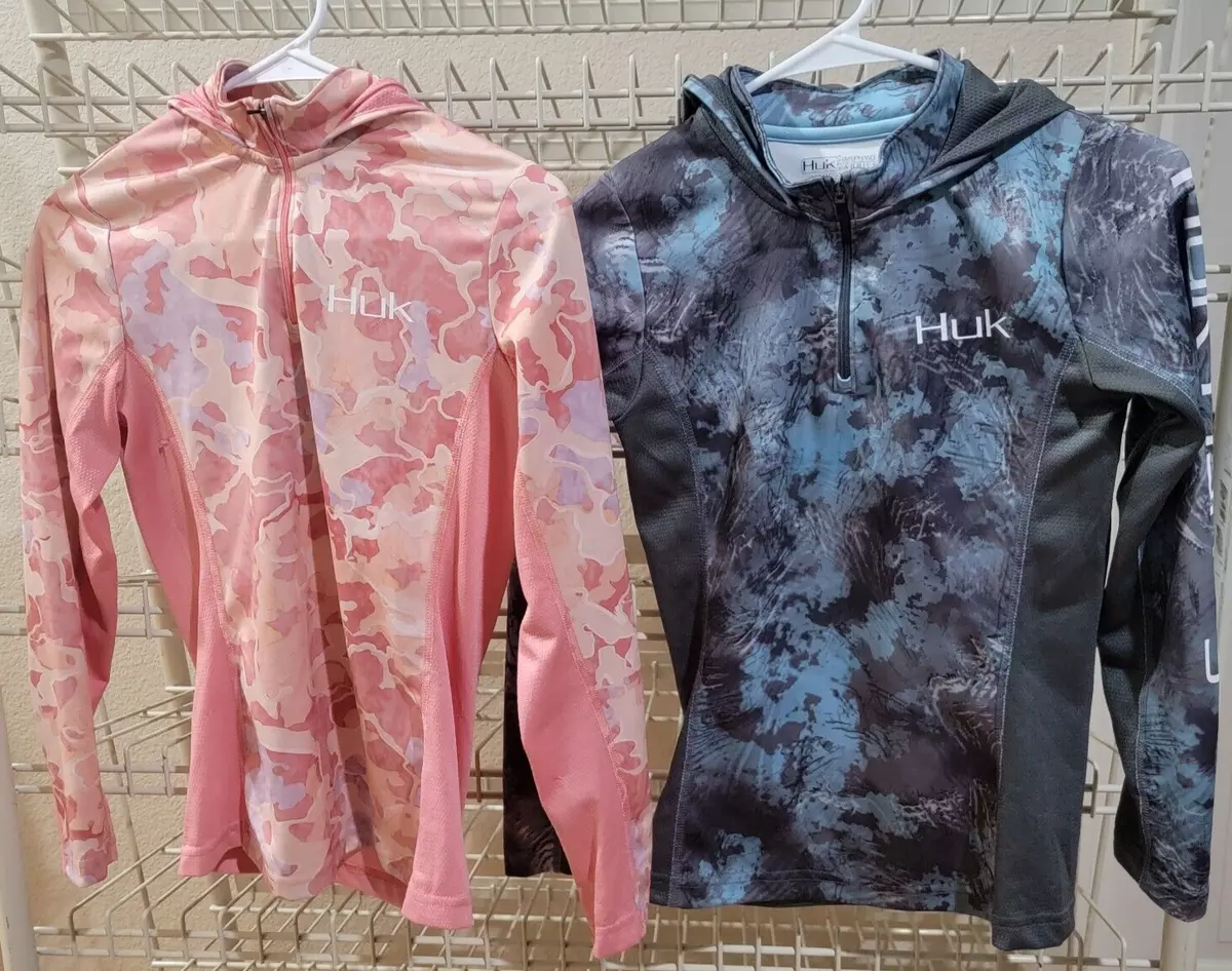 2 women's XS hooded HUK fishing shirts gray/blue/pink cammo bundle