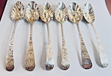 SET OF 8 GEORGIAN ENGLISH STERLING 6 1/2" INDIVIDUAL REPOUSSE BERRY SPOON SCARCE