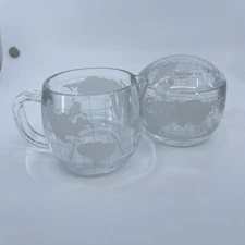 vintage nestlé glass creamer & covered sugar set with etched world map design
