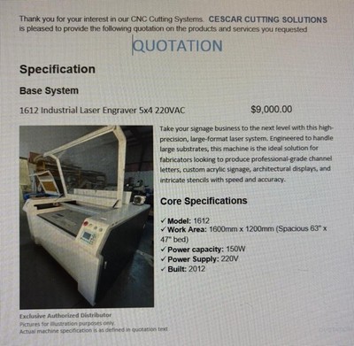 CESCAR CUTTING SOLUTIONS 1612 Laser Engraving Machine 150W Acrylic Signs