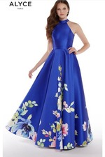 Alyce Of Paris Formal Halter Backless Blue Floral Dress Size 8 Style 1309
