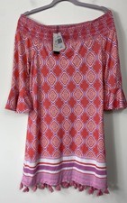 NWT Cabana Life Sz M Coral Geo Print Off Shoulder Tassel Detail Resortwear Dress