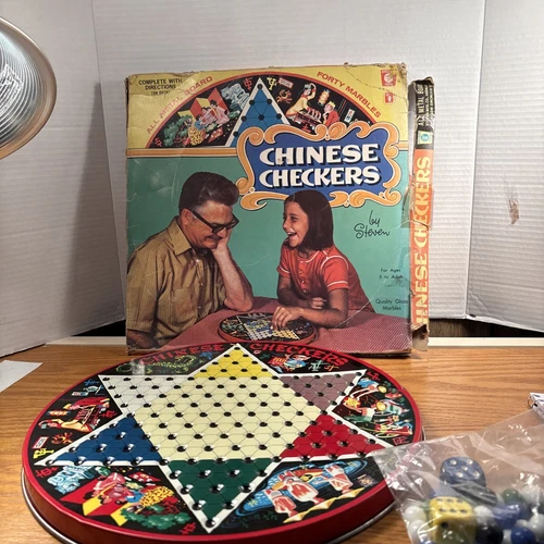 Vintage Ohio Art Chinese Checkers Board Tin 12.5” Includes 40Marbles And Dice