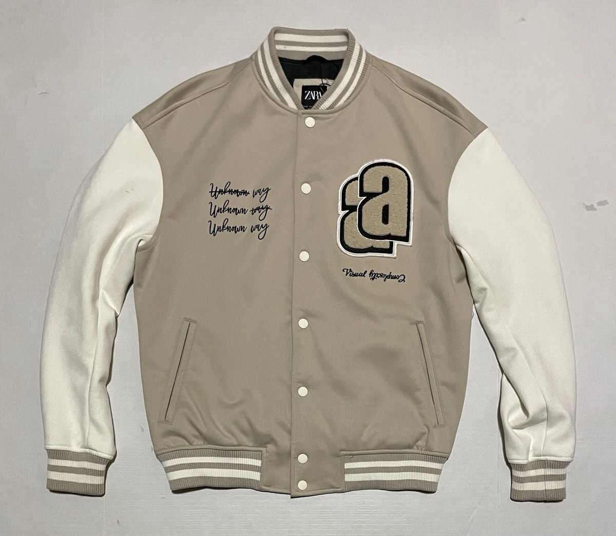 Zara Beige Varsity Jacket Chenille AA Logo Embroidered Size XL