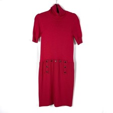 Les Copains Sweater Dress Red Wool Twill Combo Turtleneck Short Sleeve Sz 40 / S