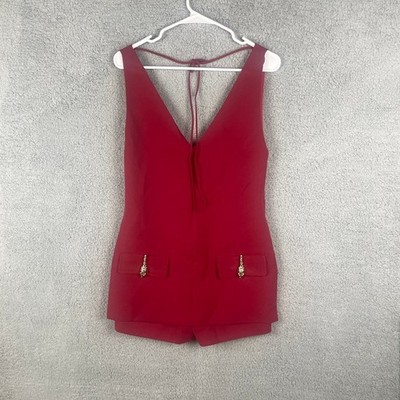Unbranded Women's Small Red V-Neck Wool Rayon Twill Jumpsuit/Playsuit Romper