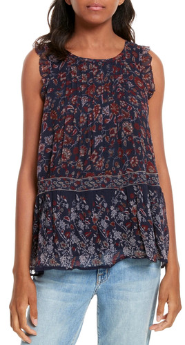JOIE Celadine B Floral Crinkle Ruffle Pleat Lined Flutter Silk Top M $228 Navy